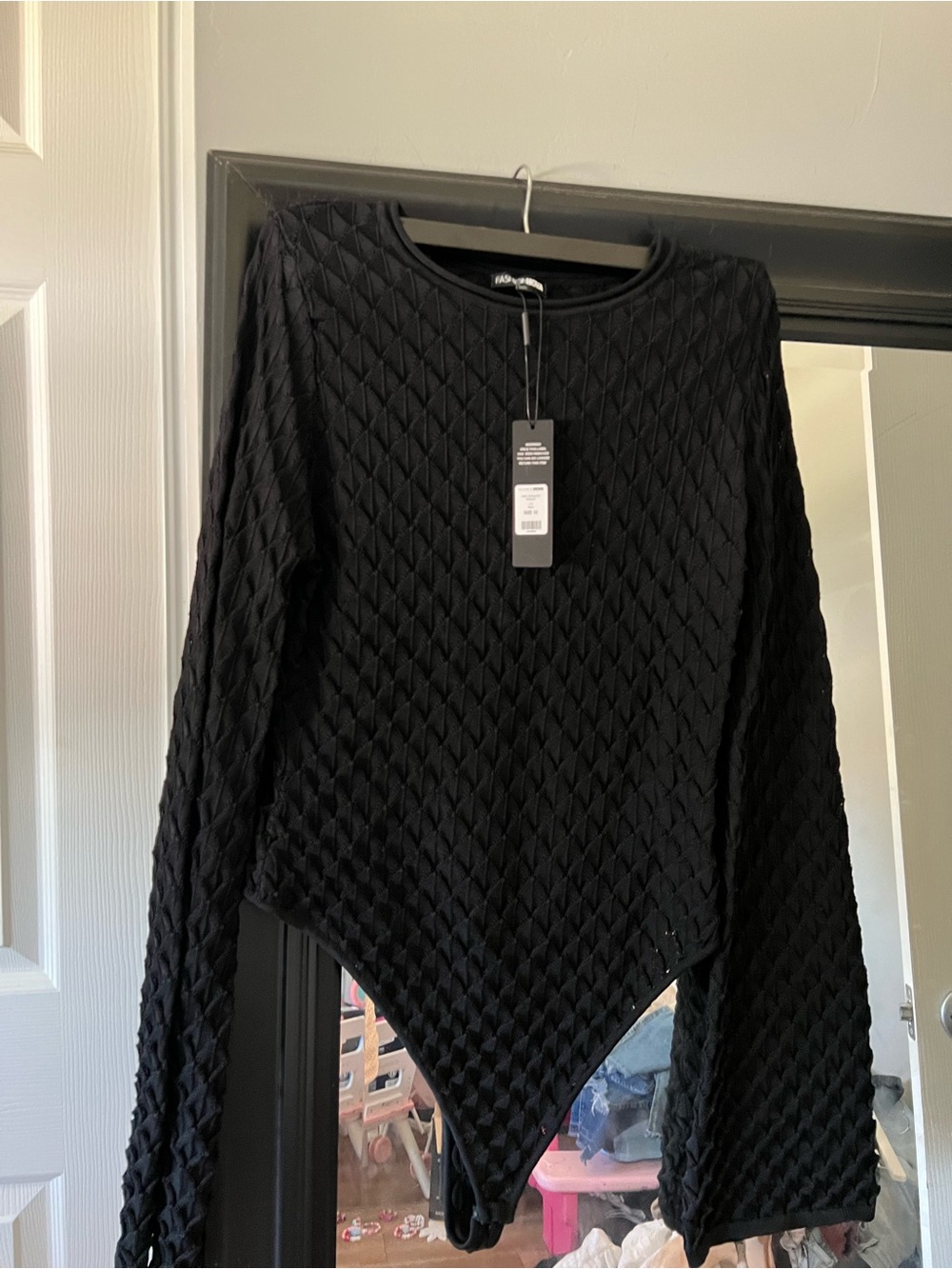 Fashion Nova Black Diamond-Texture Long Sleeve Bodysuit
